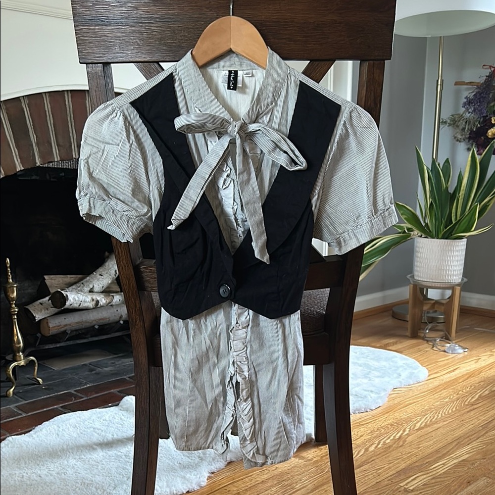 Black and White Shirt with Built-in Vest and Bow